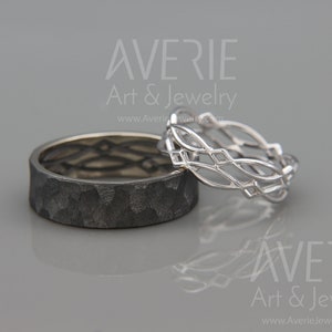 14K White Gold Black and Bright Celtic Wedding Rings Set | Handmade 14k white gold Celtic wedding Rings | His and Hers Wedding Bands Set