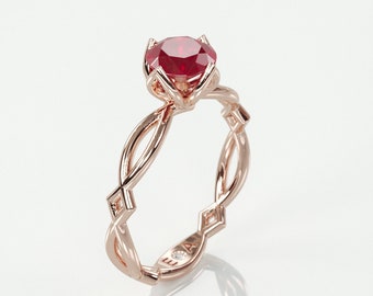 Anillo de compromiso de rubí natural / Anillo de oro rosa de 14k engastado con rubí natural y diamante oculto de regalo.