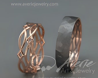 14K Rose Gold Black and Bright Celtic Wedding Rings Set | Handmade 14k rose gold Celtic wedding Rings | His and Hers Wedding Bands Set