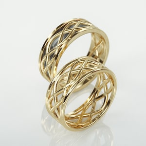 14K Gold Black and Bright Celtic Wedding Rings Set | Handmade 14k gold Matching wedding Rings | His and Hers Wedding Bands Set