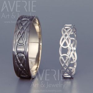14K Black and Bright White Gold Celtic Knot Wedding Rings Set | Handmade 14k white gold Celtic wedding Rings |His and Hers Wedding Bands Set