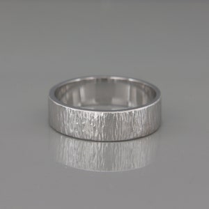 May include: A silver wedding band with a textured, brushed finish.