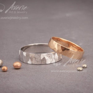 White & Rose Solid Gold Faceted Wedding Rings Set | Handmade his and hers textured wedding bands 3mm, 4mm, 5mm, 6mm