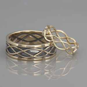 14K Gold Black and Bright Celtic Wedding Rings Set | Handmade 14k gold Eternity wedding Rings | His and Hers Wedding Bands Set