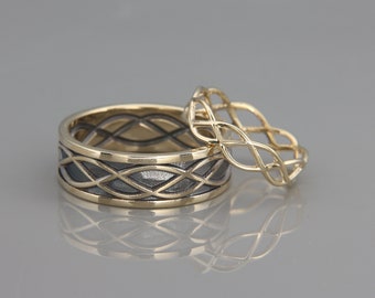 Conjunto de alianças de casamento celtas em ouro 14k preto e brilhante | Alianças de casamento eternas feitas à mão em ouro 14k | Conjunto de alianças de casamento para ele e para ela