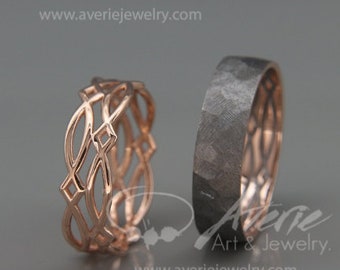 14K Rose Gold Black and Bright Celtic Wedding Rings Set | Handmade 14k rose gold Celtic wedding Rings | His and Hers Wedding Bands Set