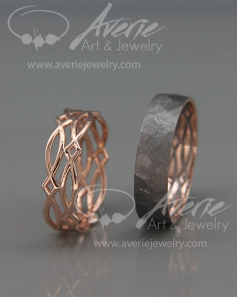 14K Rose Gold Black and Bright Celtic Wedding Rings Set | Handmade 14k rose gold Celtic wedding Rings | His and Hers Wedding Bands Set 