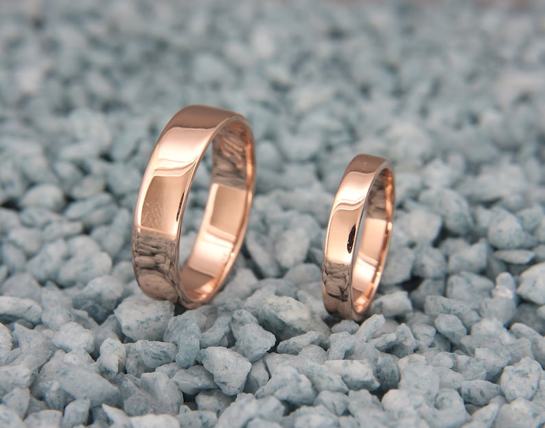 Solid 14K Rose Gold Wedding Bands Set Handmade Wedding Rings Etsy