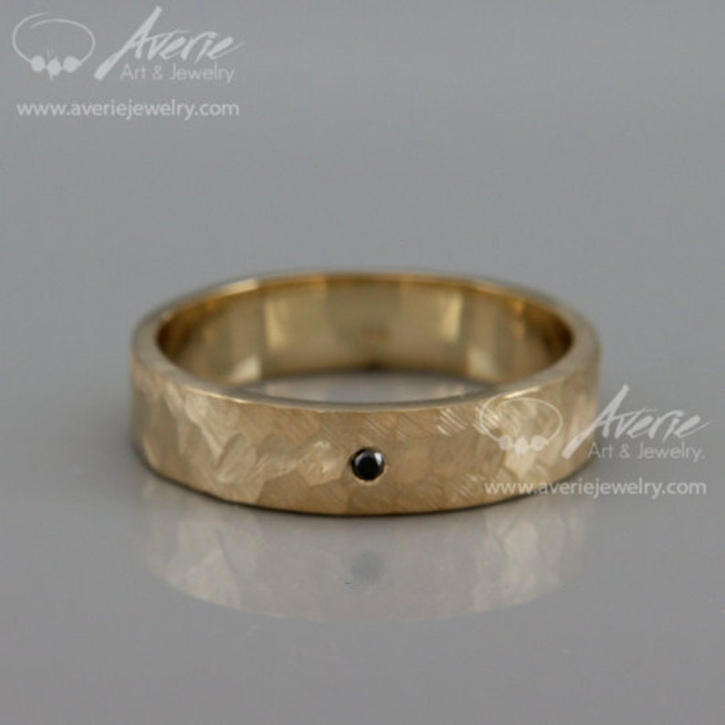 Rough Faceted Hammered Wedding Band set with Black Diamond 14k Solid Gold Man Textured Wedding Band Black Diamond Men Wedding Band