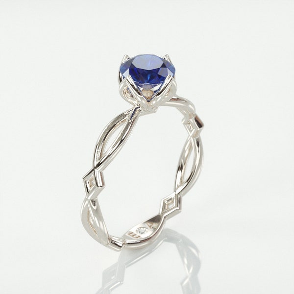 Celtic Blue Sapphire Engagement Ring  | 14k White gold ring set with natural Blue Sapphire and a complimentary hidden diamond