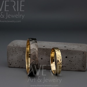 Schwarz und hell 14k Gold facettierte Eheringe Set | Handgemachte 14k gold strukturierte facettierte Eheringe Set 3 mm, 4 mm, 5 mm, 6 mm