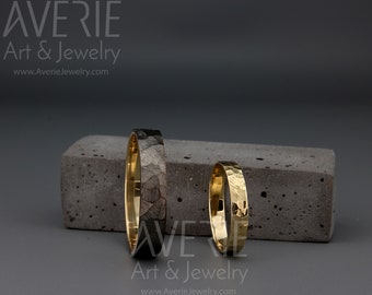 Black and Bright 14k Gold Faceted Wedding Rings Set | Handmade 14k lack gold textured faceted wedding bands set 3mm, 4mm, 5mm, 6mm