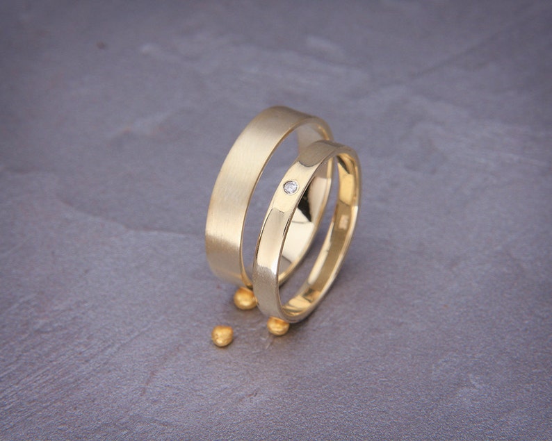 14K Gold Diamond Wedding Bands Set Handmade flat diamond Etsy
