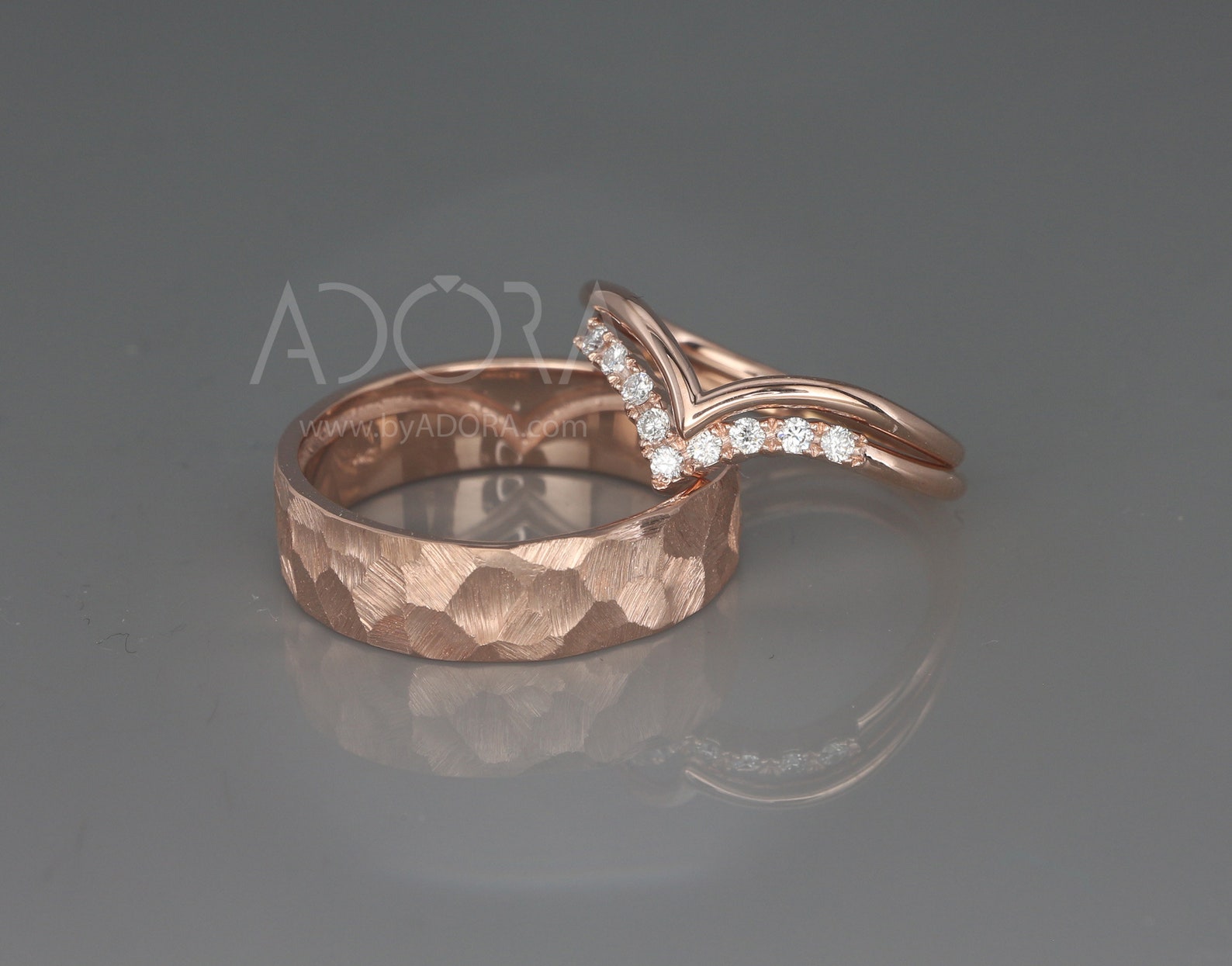 14K Rose Gold Wish Bone Wedding Rings Set With Diamonds 14k Etsy