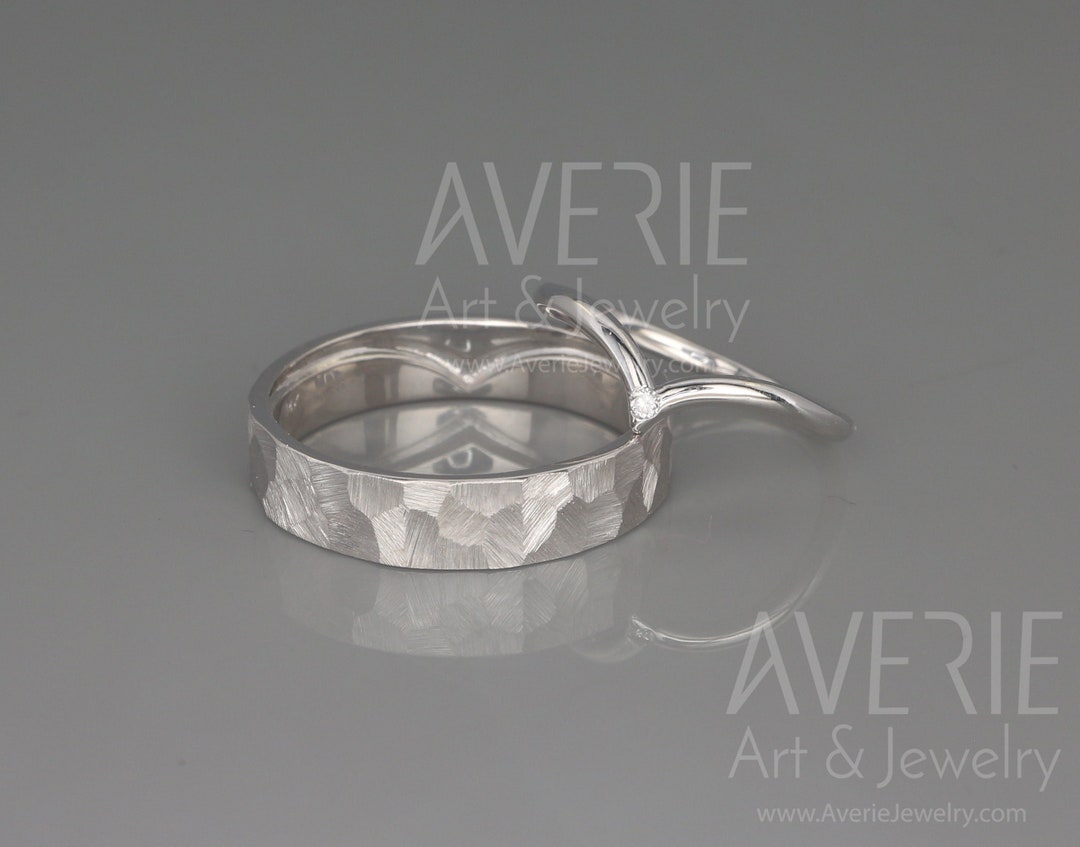 Diamond Wish Bone Wedding Rings Set 14k White Gold Wish Bone Wedding