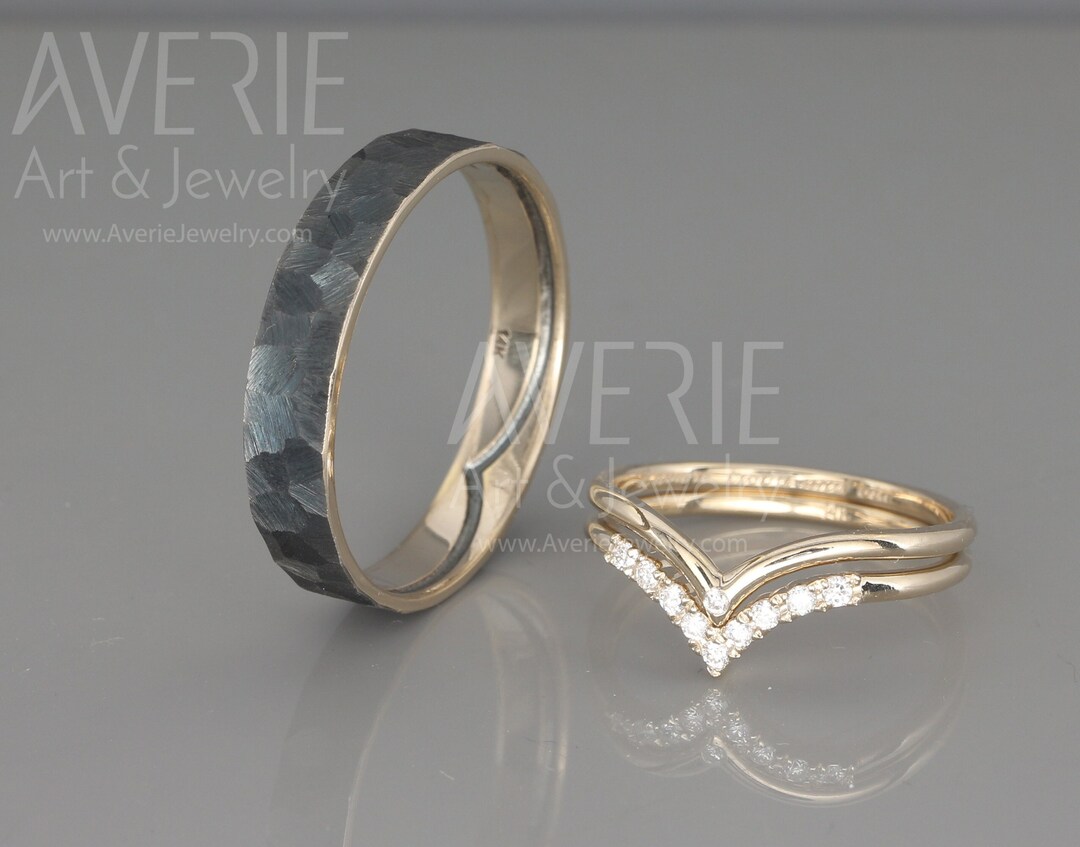 14K Gold Wish Bone Wedding Rings Set With Diamonds 14k Gold Diamond