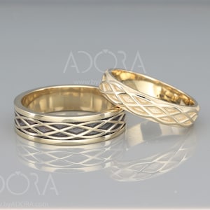 14K Gold Black and Bright Celtic Wedding Rings Set | Handmade 14k gold Eternity wedding Rings | His and Hers Wedding Bands Set