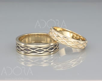 Conjunto de alianças de casamento celtas em ouro 14k preto e brilhante | Alianças de casamento eternas feitas à mão em ouro 14k | Conjunto de alianças de casamento para ele e para ela