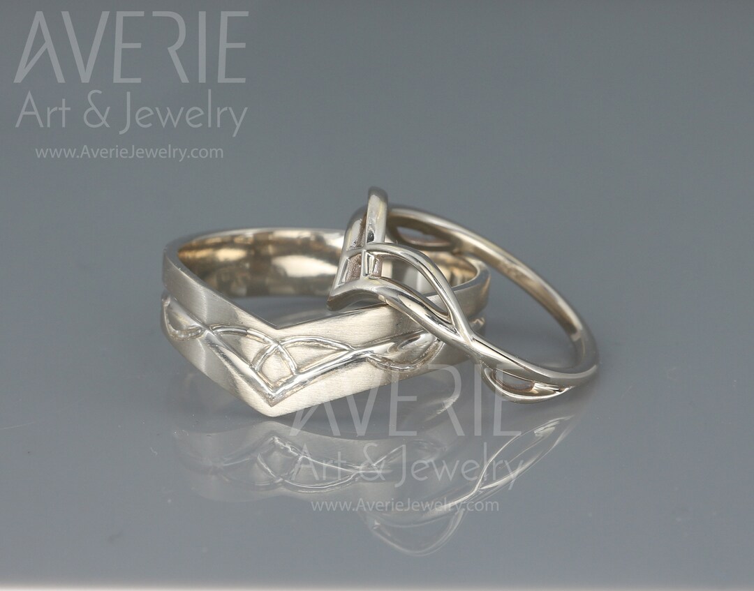 14K Champagne Gold Wish Bone Wedding Rings Set 14k Champagne Gold Wish