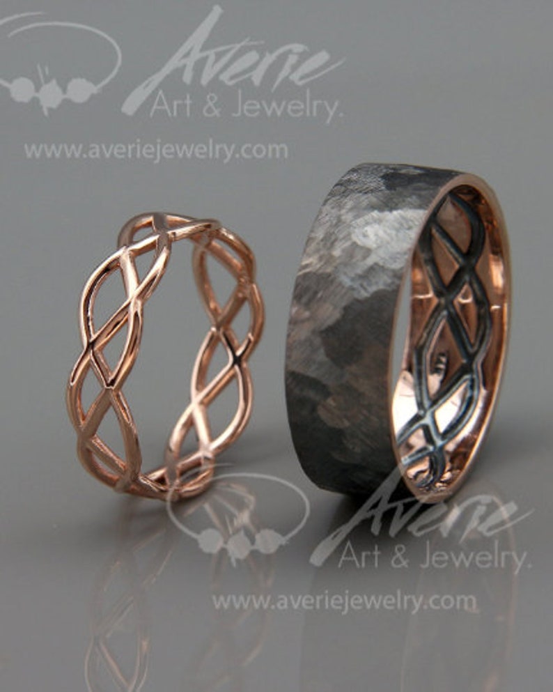 14K Rose Gold Black and Bright Celtic Wedding Rings Set | Etsy