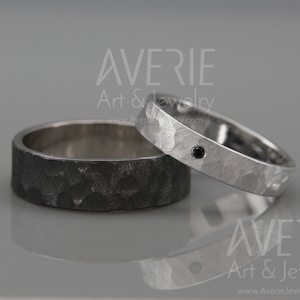 14k Schwarz-Weiß-14K Gold Facettierte Trauringe mit schwarzem Diamanten | Facettierte His und His Eheringe eingestellt 3 mm, 4 mm, 5 mm 6 mm gemasert