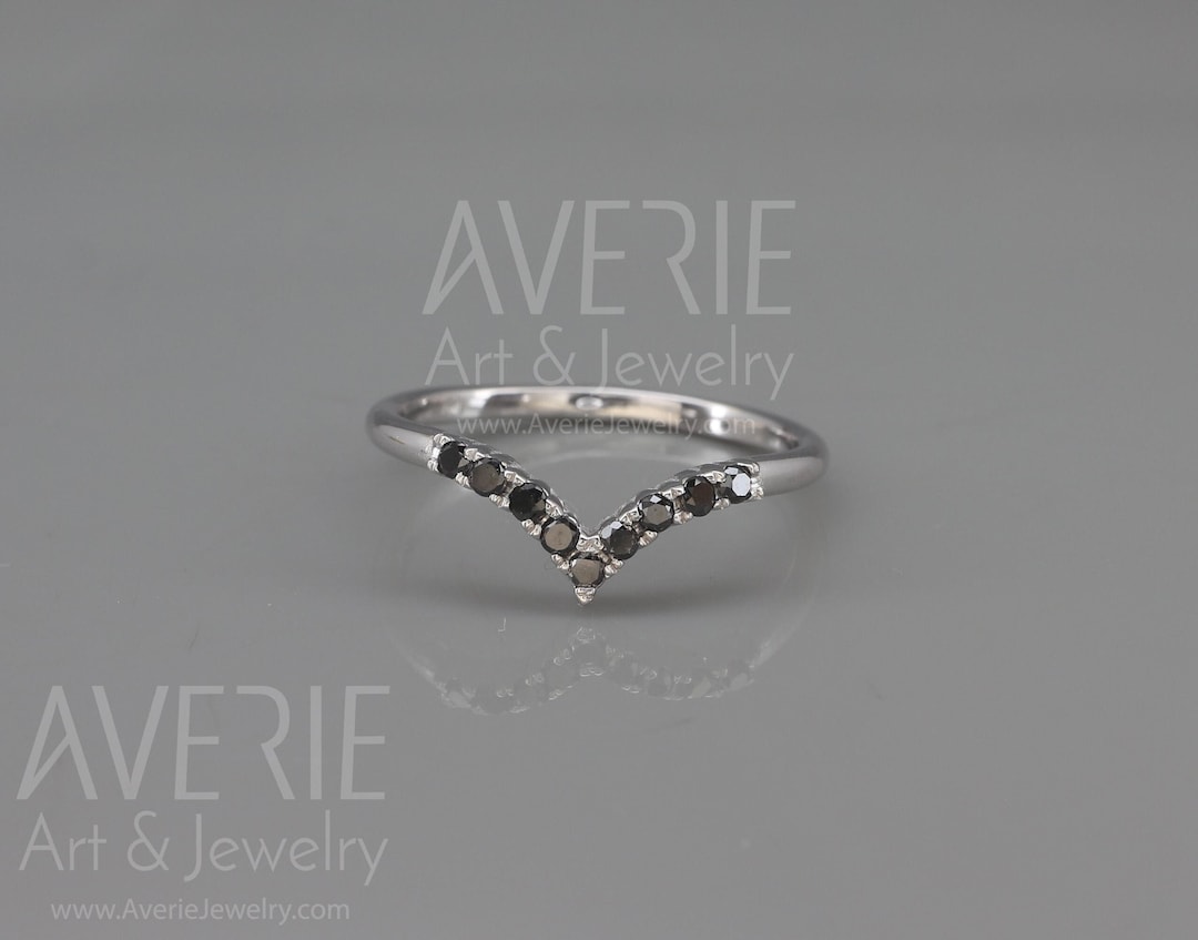 14K White Gold Wish Bone Wedding Ring Set With Black Diamonds