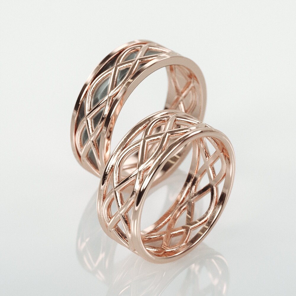 14K Rose Gold Black and Bright Celtic Wedding Rings Set | Handmade 14k rose gold Matching wedding Rings | His and Hers Wedding Bands Set