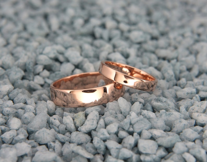 Solid 14K Rose Gold Wedding Bands Set Handmade Wedding Rings Etsy