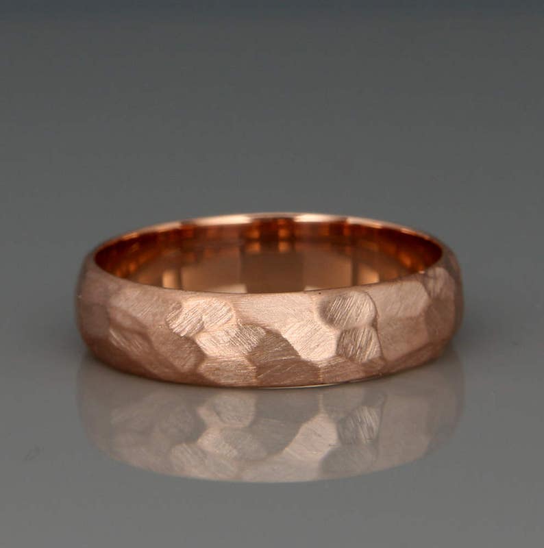14K Rose Gold Men's Wedding Ring | Handmade solid 14k rose gold Rough Faceted half round men's wedding band | 3mm 4mm 5mm 6mm 7mm