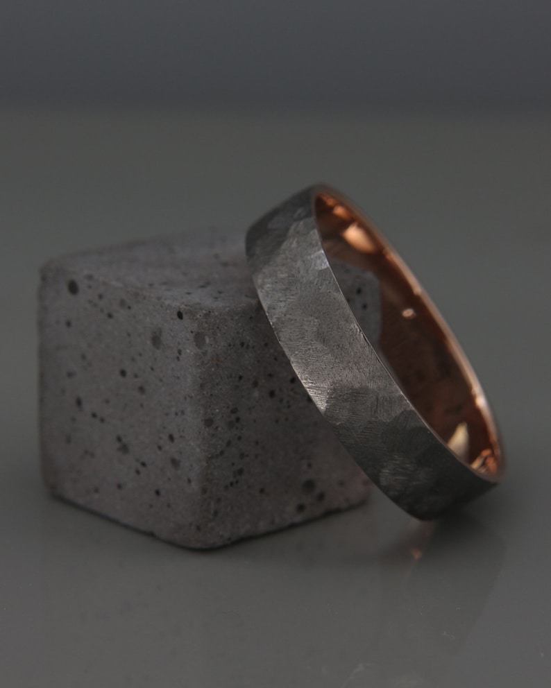 Black 14k Rose Gold Men's wedding ring Handmade 14k solid rose gold rough faceted black rhodium men wedding band 3mm, 4mm, 5mm, 6mm, 7mm image 3