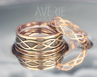 14K Rose Gold Black and Bright Celtic Wedding Rings Set | Handmade 14k rose gold Eternity wedding Rings | His and Hers Wedding Bands Set