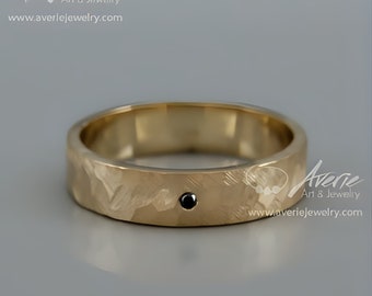 Black Diamond Men Wedding Band | 14k Solid Gold Man Textured Wedding Band | Rough Faceted Hammered Wedding Band set with Black Diamond