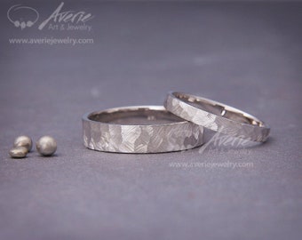 White Gold Textured Wedding Band Set | His and Hers hammered wedding ring set | 14K White Gold rustic Wedding Band Set