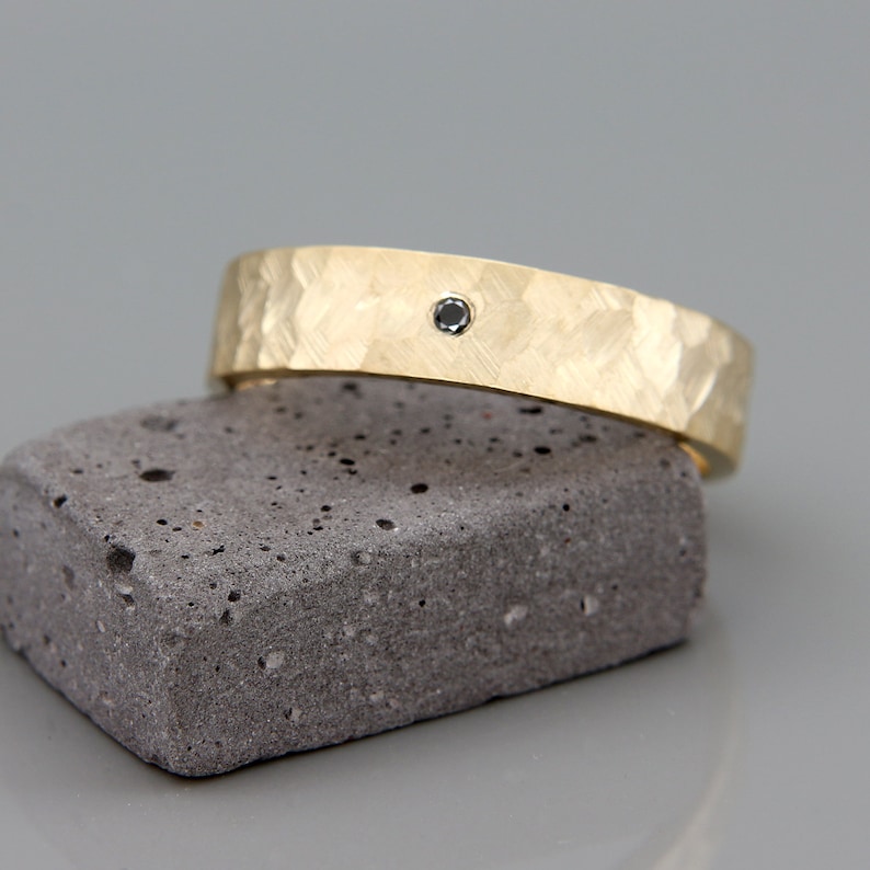 Rough Faceted Hammered Wedding Band set with Black Diamond 14k Solid Gold Man Textured Wedding Band Black Diamond Men Wedding Band