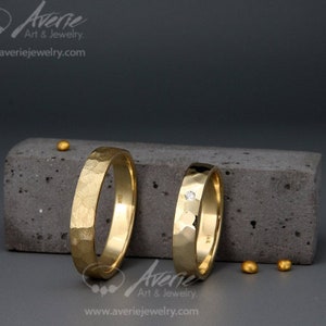 Solid 14K Gold Textured Diamond Wedding Bands Set | Handmade his & hers wedding rings set 3mm, 4mm, 5mm, 6mm