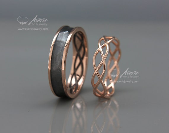 Black and rose gold online wedding band sets