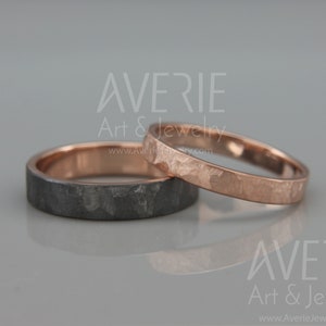 Schwarz und hell 14k Rosegold facettierte Eheringe Set|Handgefertigte 14k schwarzgold strukturierte facettierte Eheringe Set 3 mm, 4 mm, 5 mm, 6 mm