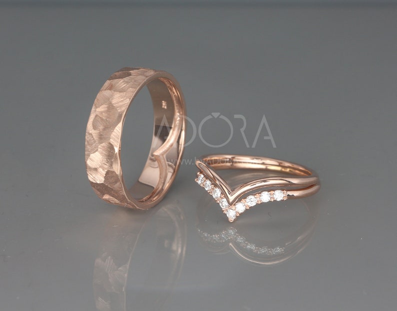 14K Rose Gold Wish Bone Wedding Rings Set With Diamonds Etsy