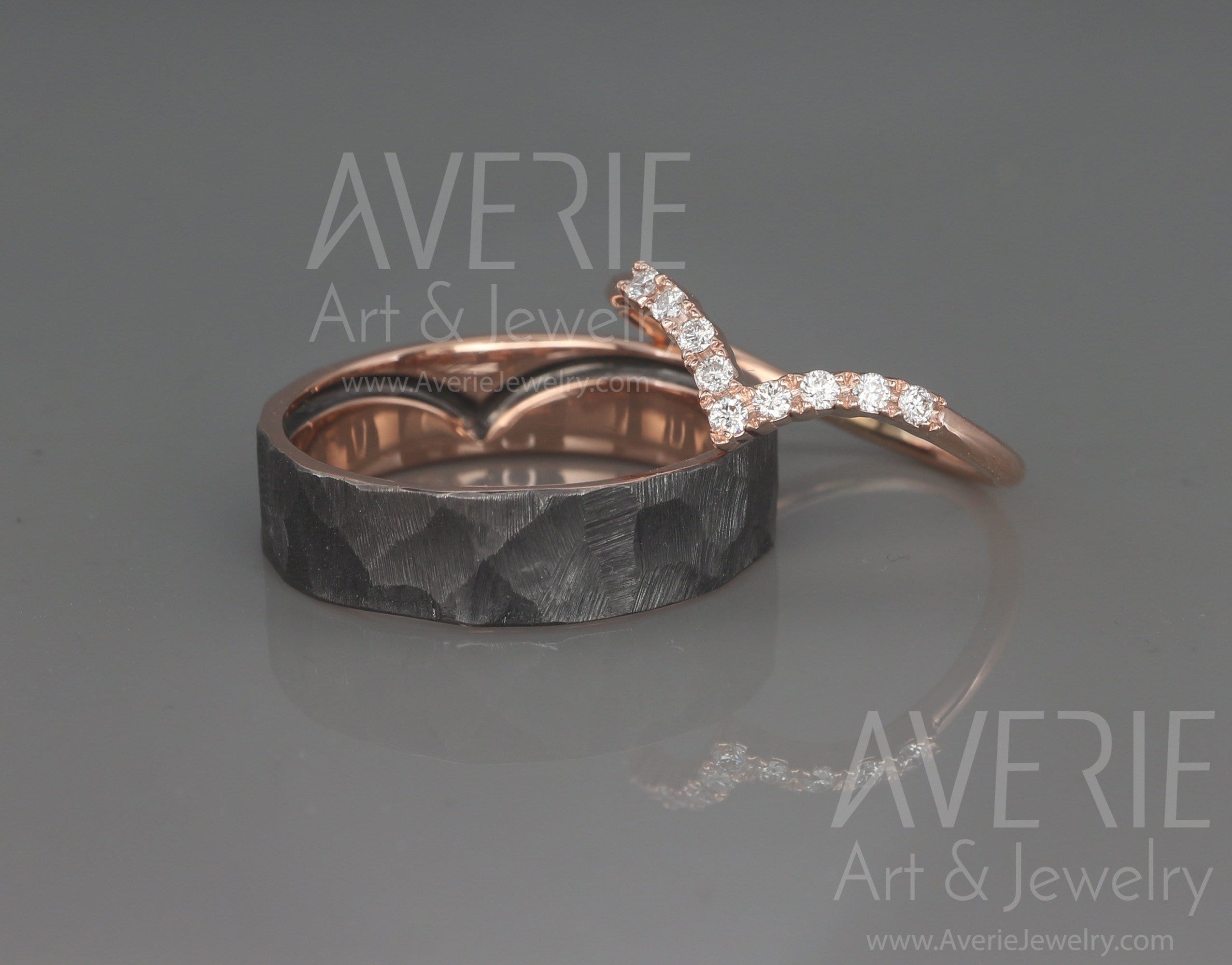 14K Rose Gold Wish Bone Wedding Rings Set with Diamonds | Diamond WishBone wedding Rings | His and Hers Black Rhodium Wedding Bands Set