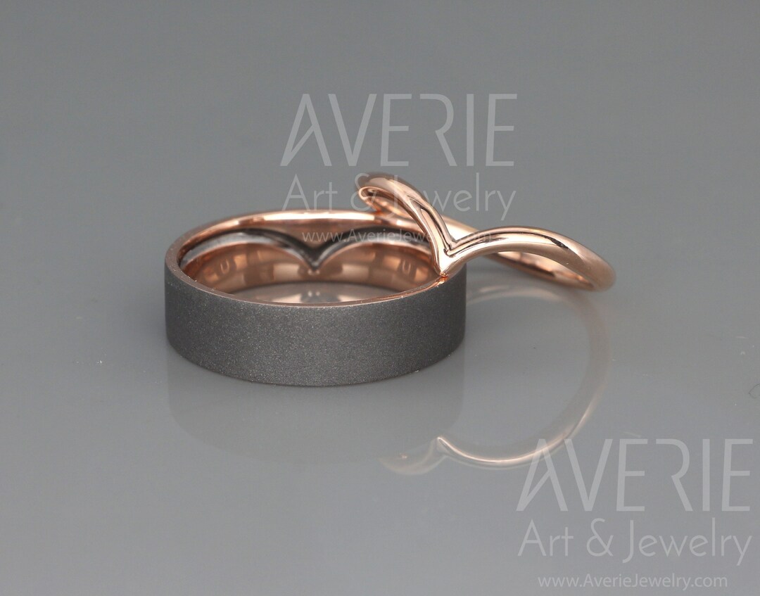 14K Rose Gold Wish Bone Wedding Rings Set 14k Rose Gold Wishbone