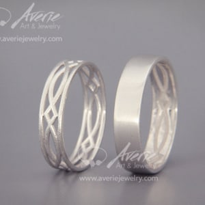 White Gold Delicate Wedding Band set | 14K White Gold Celtic Wedding ring Set | His and Hers Eternity Wedding Ring Set | Unique bands