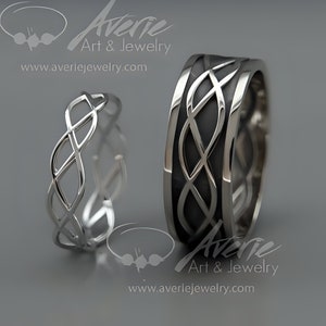 14K White Gold Black and Bright Celtic Wedding Rings Set | Handmade 14k white gold Eternity wedding Rings | His and Hers Wedding Bands Set