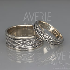 14K White Gold Black and Bright Celtic Wedding Rings Set | Handmade 14k white gold Eternity wedding Rings | His and Hers Wedding Bands Set