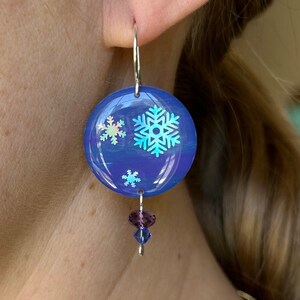 Sterling Silver Earrings, Snowflake Earrings, Snowflake Jewelry, Resin Earrings, Resin Art, Wire Wrapped Jewelry, Winter Earrings image 1