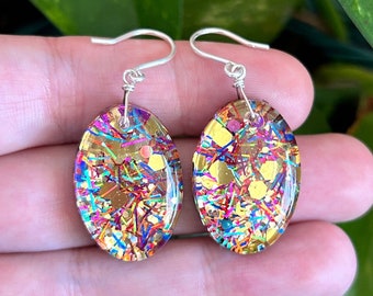 Sterling Silver Earrings, Resin Jewelry, Glitter Earrings, Rainbow Earrings, Sparkly Earrings, Handmade Jewelry, Resin Earrings, Unique