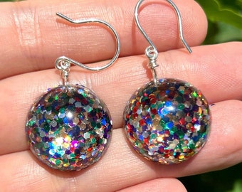 Sterling Silver Earrings, Glitter Earrings, Glitter Jewelry, Wire Wrapped, Colorful Earrings, Birthday Gift, Sterling Silver Jewelry