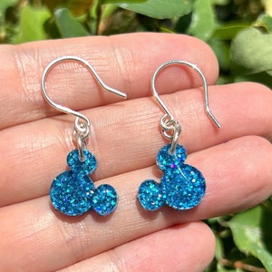 Mickey Earrings, Sterling Silver Earrings, Dangle Earrings, Disney Jewelry, Mickey Jewelry, Resin Earrings, Glitter Earrings, Resin Art