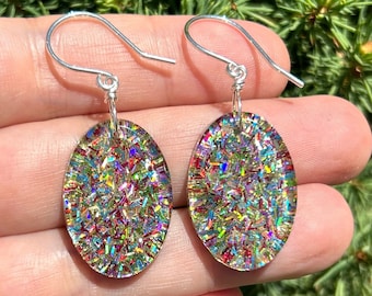 Sterling Silver Earrings, Glitter Earrings, Sparkly Jewelry, Resin Earrings, Resin Art, Unique Earrings, Handmade Jewelry, Summer Earrings