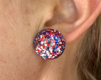 Resin Jewelry, 4th Of July Earrings, Glitter Earrings, Resin Art, Resin Jewelry, Festive Jewelry, Red White and Blue Jewelry, Stud Earrings