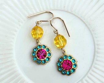 Gold Filled Earrings, Swarovski Crystals, Colorful Earrings, Handmade Jewelry, Wire Wrapped, Crystal Earrings, Summer Jewelry, Sparkly